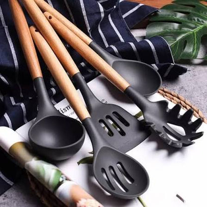 12 Pcs Kitchen Utensils Set | BPA Silicon & Wooden Kitchen Spoon Set |  Heat Resistant Kitchen Non toxic Spatula Set with Turner Tongs,Spoon,Brush,Whisk-Wooden Handle - Random Color