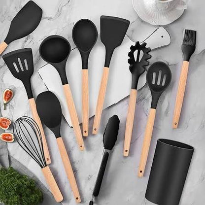 12 Pcs Kitchen Utensils Set | BPA Silicon & Wooden Kitchen Spoon Set |  Heat Resistant Kitchen Non toxic Spatula Set with Turner Tongs,Spoon,Brush,Whisk-Wooden Handle - Random Color