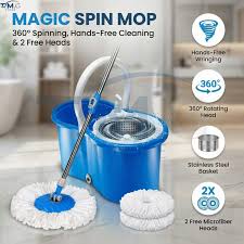 Easy Spin Magical Mop Set with Steel Bucket | 360 Degree Rotating Microfiber Mop Head | Home & Office Floor Cleaning Tool