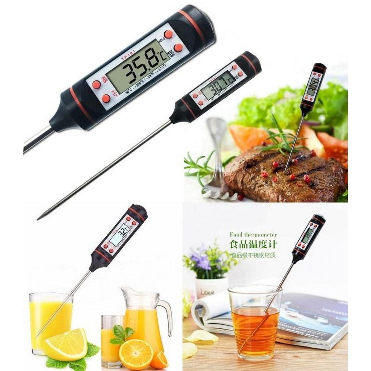 TP101 Digital Food Thermometer with Stainless Steel Probe | Kitchen BBQ Meat Cooking Baking Milk Oil Water Temperature Meter