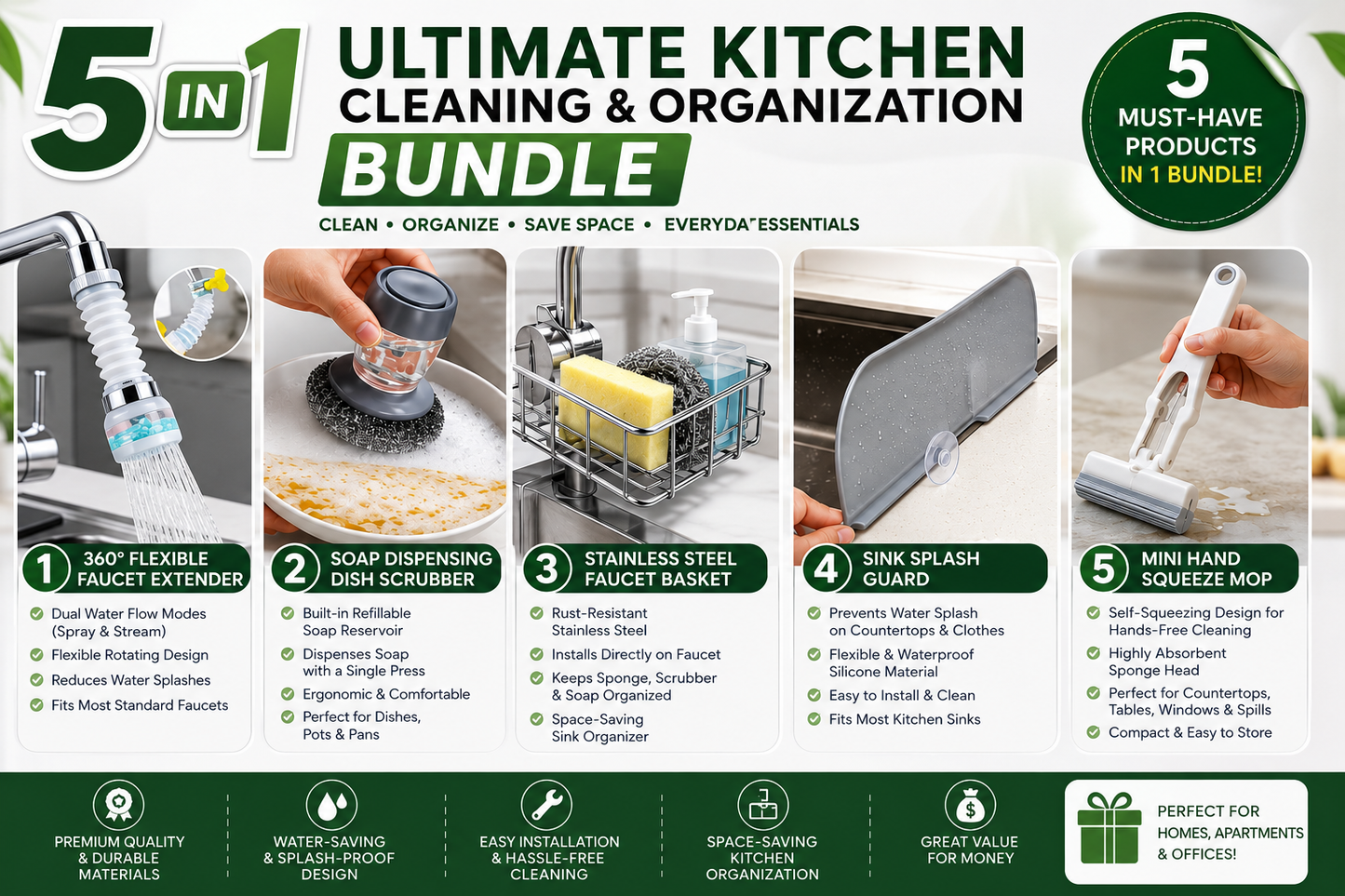 5-in-1 Ultimate Kitchen Cleaning & Sink Organizer Bundle – Faucet Extender, Soap Dispensing Scrubber, Faucet Caddy Rack, Splash Guard with suction cups & Mini Hand Squeeze Mop