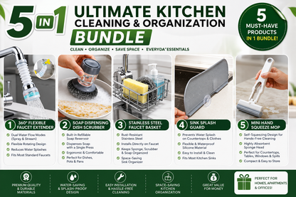 5-in-1 Ultimate Kitchen Cleaning & Sink Organizer Bundle – Faucet Extender, Soap Dispensing Scrubber, Faucet Caddy Rack, Splash Guard with suction cups & Mini Hand Squeeze Mop