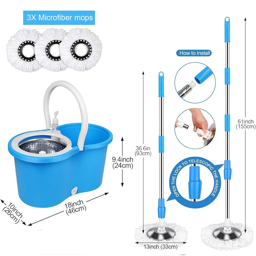 Easy Spin Magical Mop Set with Steel Bucket | 360 Degree Rotating Microfiber Mop Head | Home & Office Floor Cleaning Tool